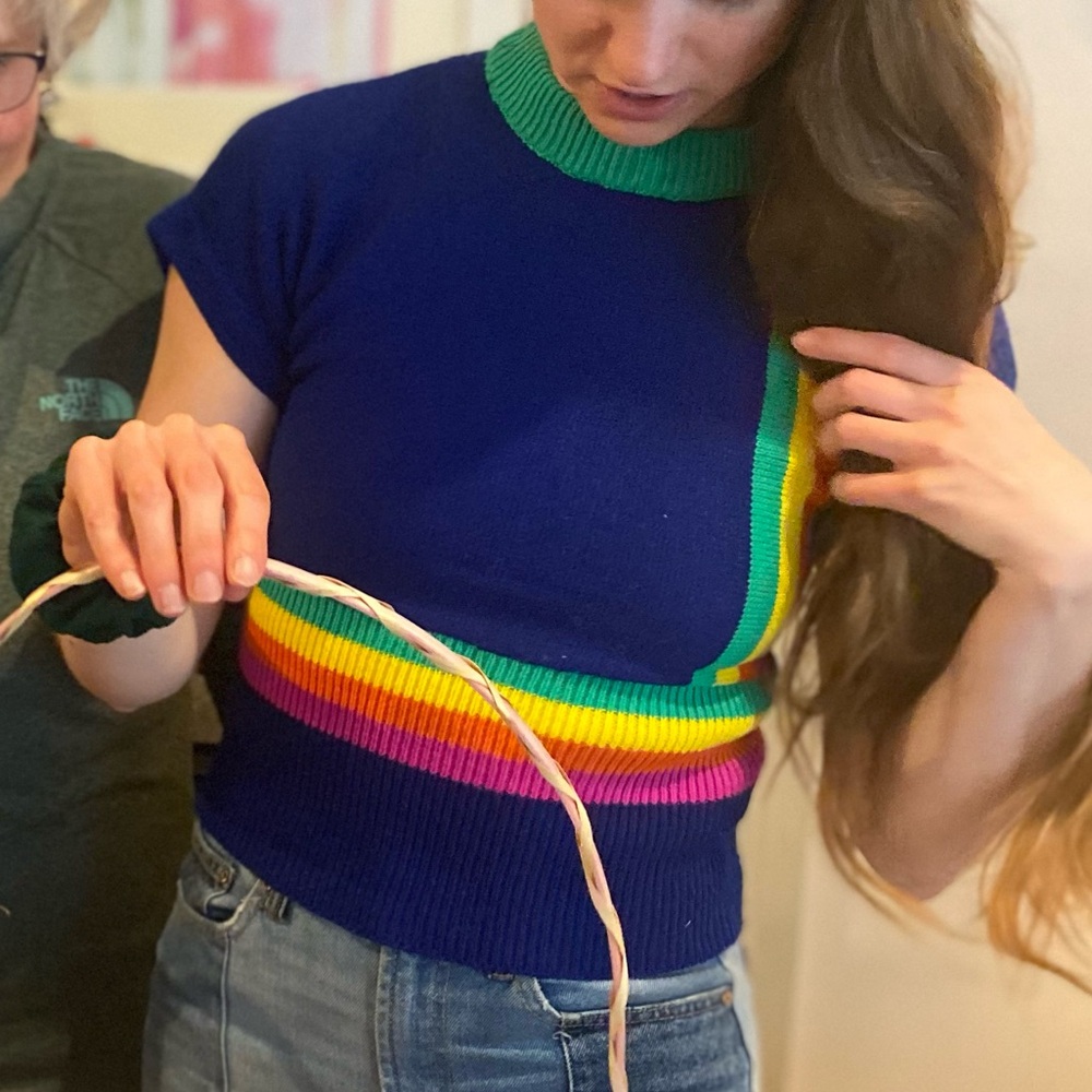 Vintage Colorful Blue Green Yellow Pink Striped Knit Sweater Top - Picture 7 of 7